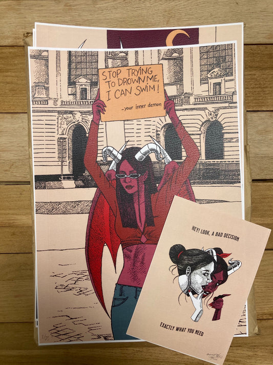 Devil girl with a sign